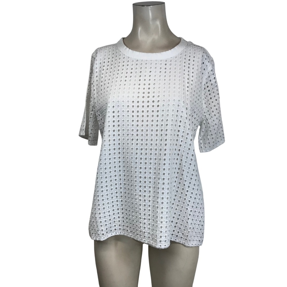 ANN TAYLOR White Eyelet Detail Short Sleeve T Shirt Top Women's Size Medium